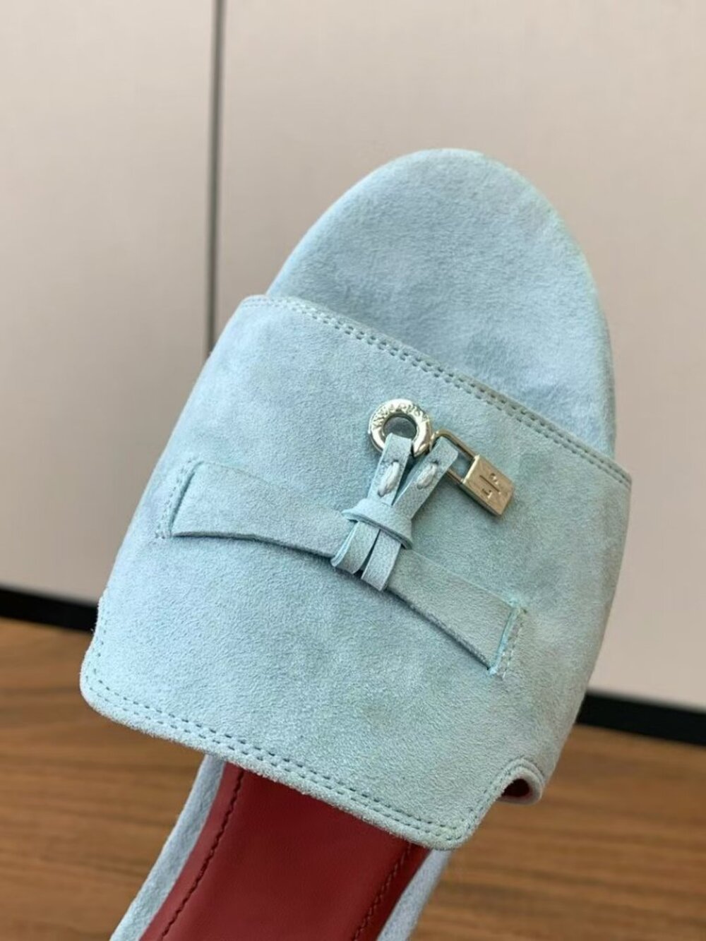 Loro Piana Light Baby Blue Suede Flat Slide Sandals Bow Gold Hardware - Picture 6 of 6
